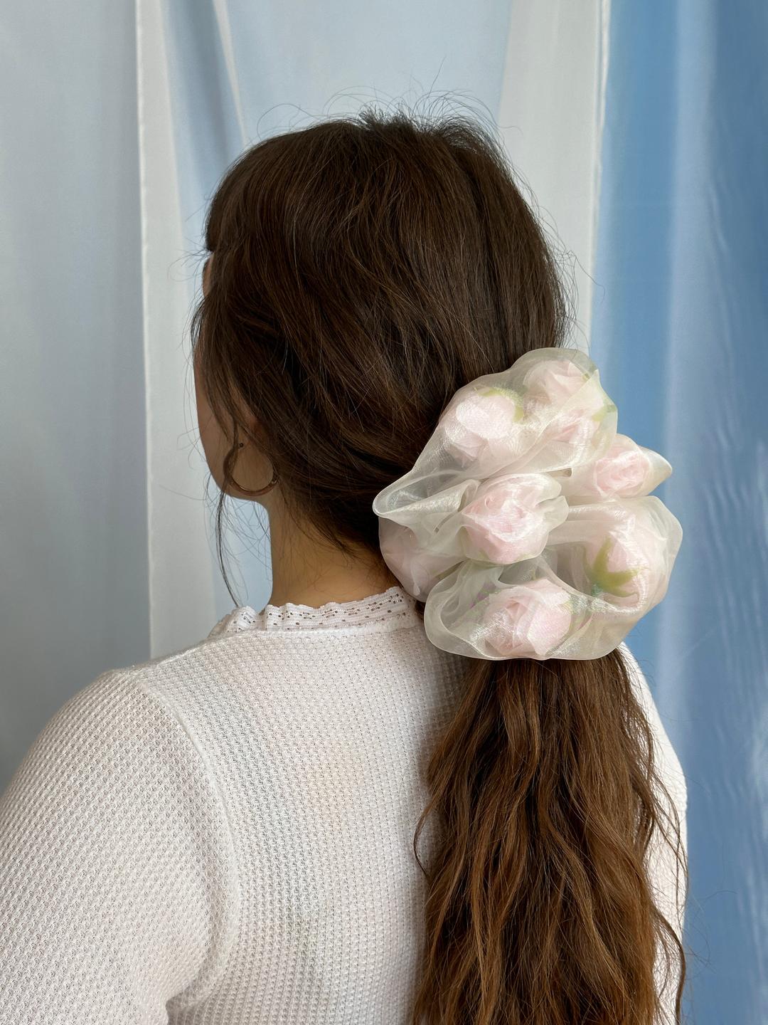 Sheer Rose Stuffed Giant Scrunchie - Ivory