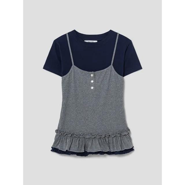 프릴 슬리브리스 레이어드 티셔츠 네이비 (125542MB3R) 여성