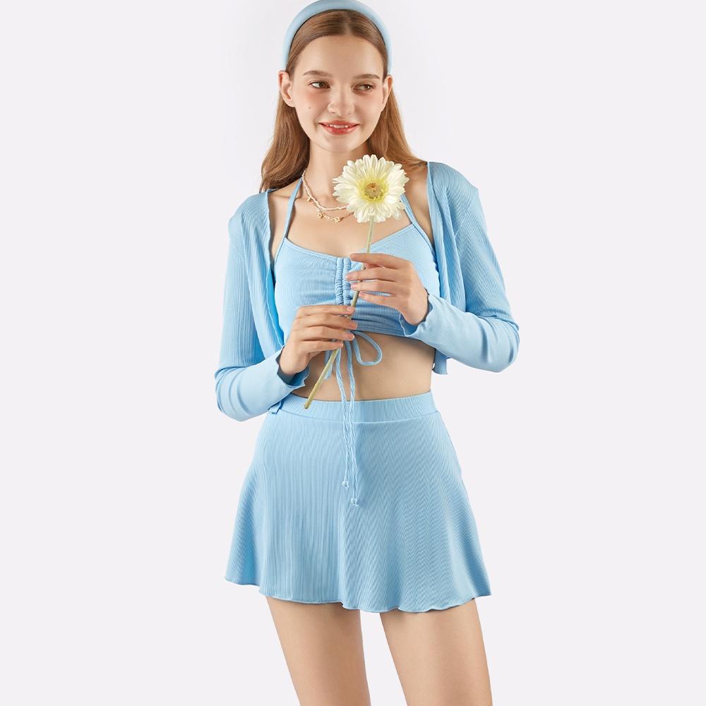 셔링 비키니 볼레로 스커트 수영복 4pcs 블루
