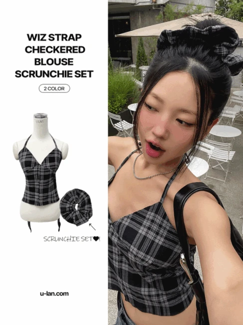 위즈 스트랩 체크 블라우스 스크런치 set