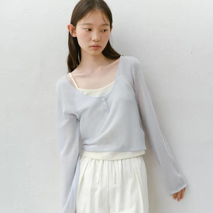 Linen button U-neck knit_3colors