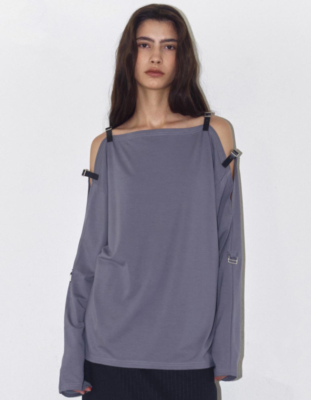 BUCKLE OFF-SHOULDER JERSEY TOP, GRAY