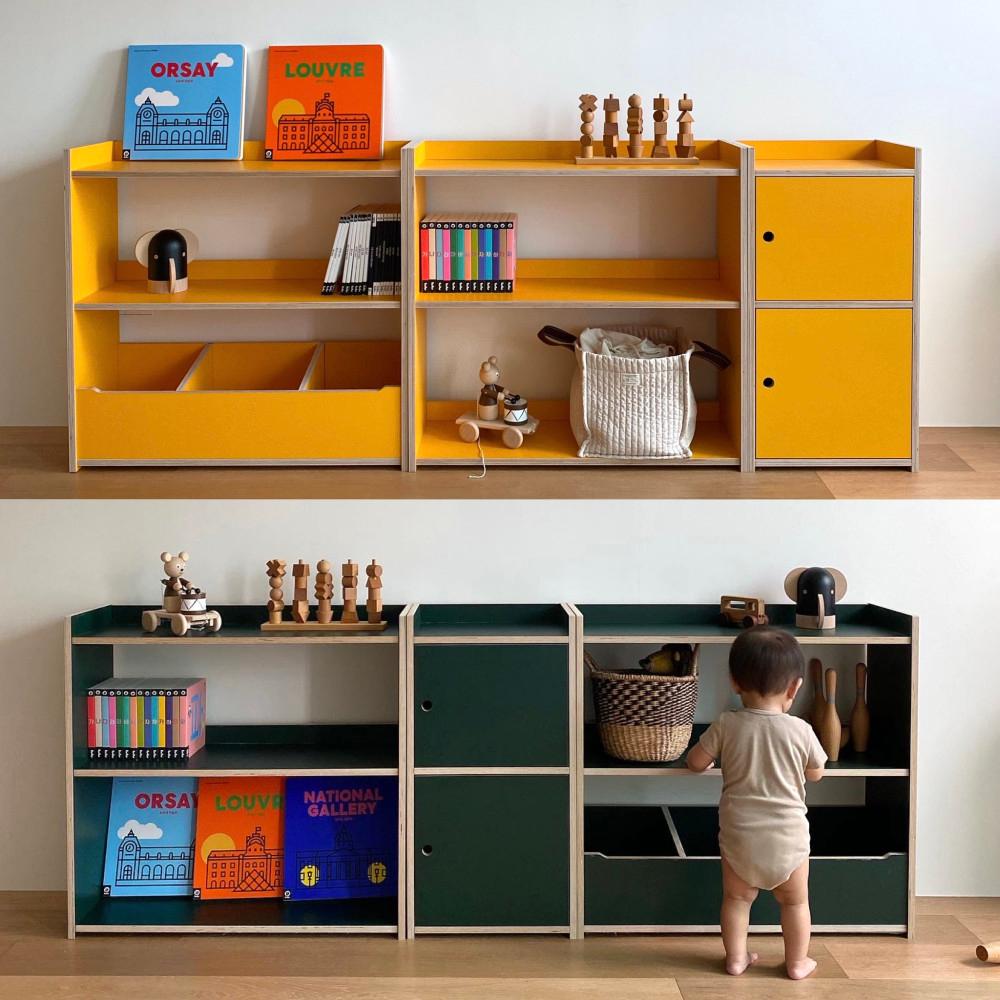 JD홈드레싱 옐로우 그린 컬러 2단 멀티장 수납장 도어장 유아 책장 어린이 키즈 교구장