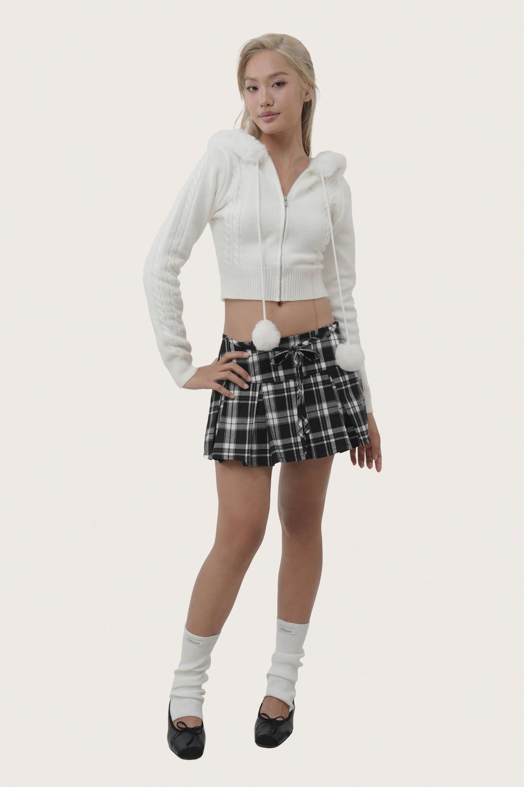 Hugging ribbon pleated skirt, Checked