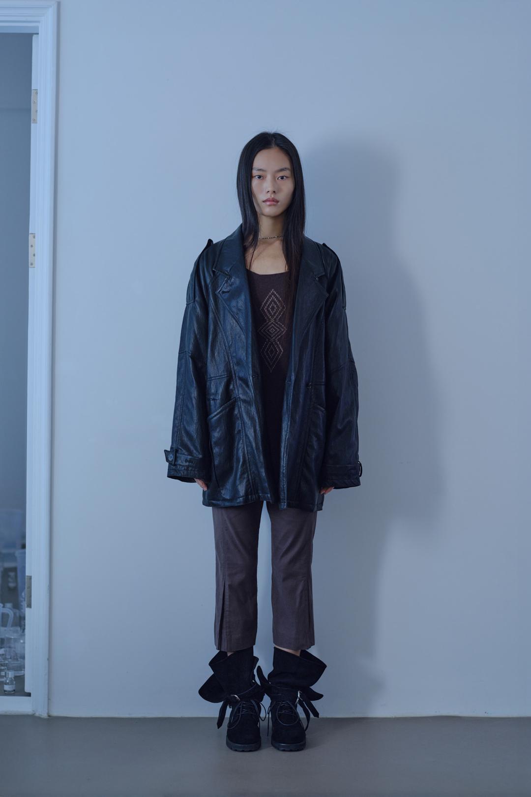 Leather Waist Drawstring Half Coat (black)