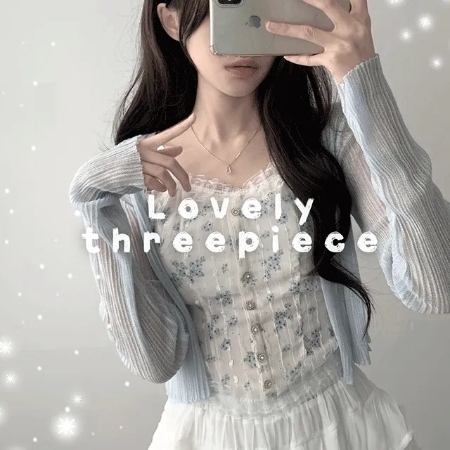 [코디세트/쓰리피스] 썸머 플라워 프릴 나시 + 골지 시스루 가디건 + 쉬폰 밴딩 캉캉 스커트 단독진행 쓰리피스-세트구매창