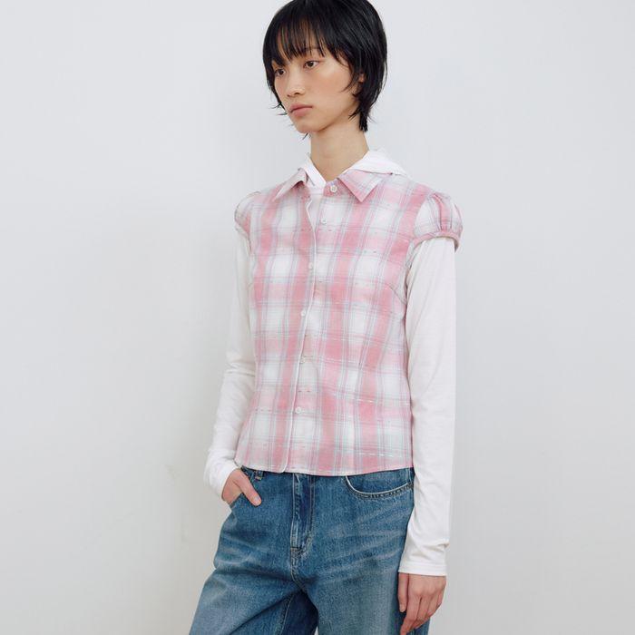 CHECK CAP SLEEVE SHIRT_PINK