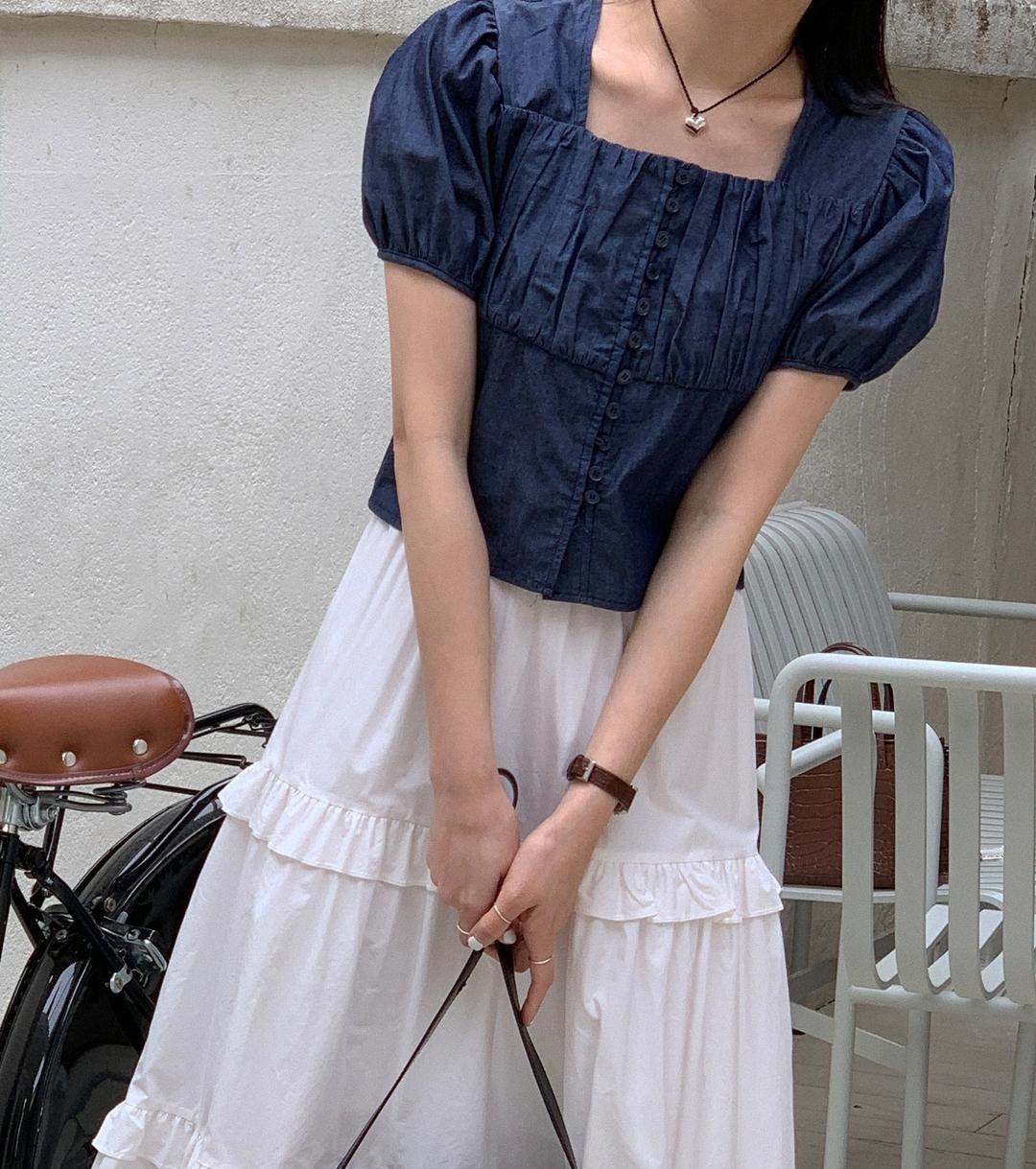 [비트리] 청블라우스 스퀘어넥 퍼프 반팔