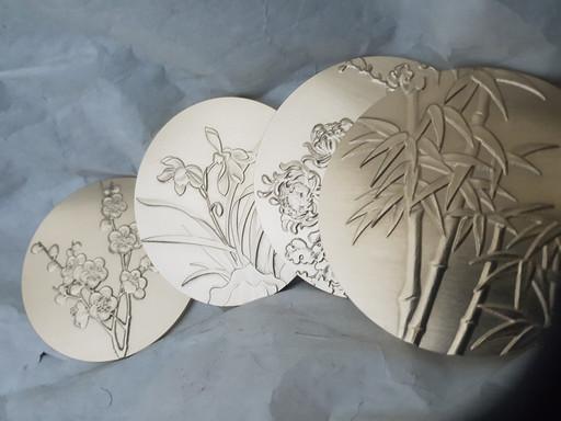 사군자 매화,난초,국화,대나무조각 황동문진-서진