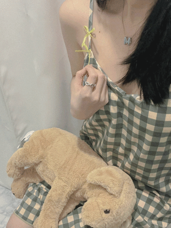 [당일/캡내장] 퐁퐁 그린 체크 나시 롱 파자마 잠옷 원피스ops /+수면안대 증정