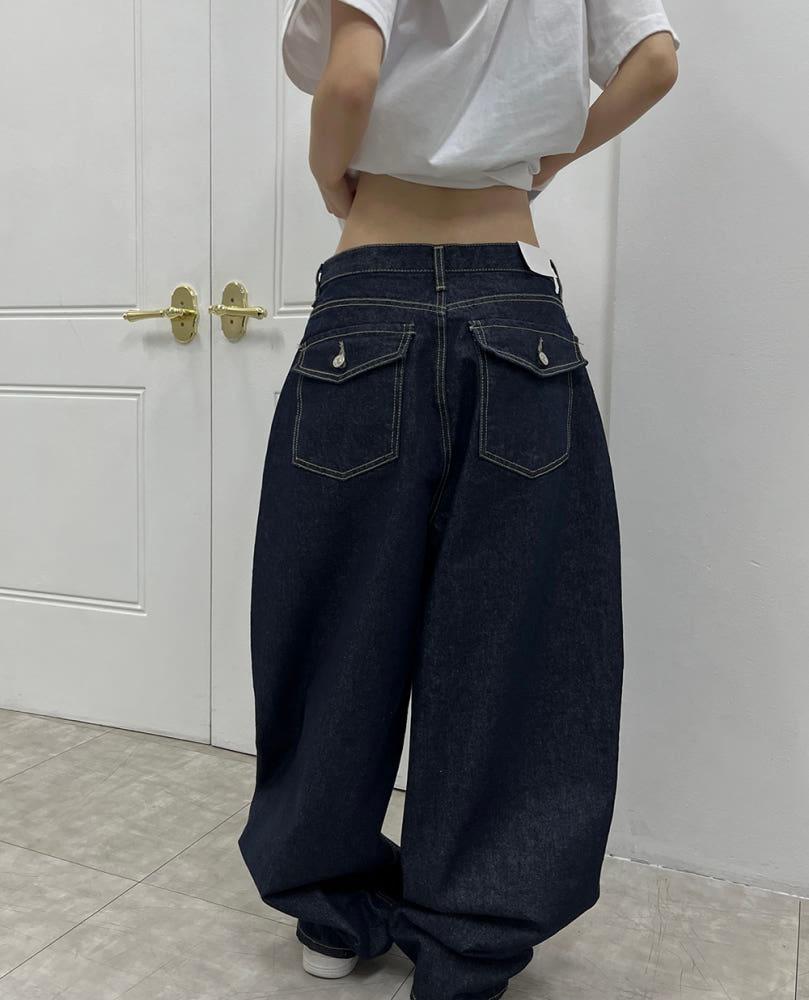 로피 뒷포켓 벌룬 와이드 데님 팬츠 벌룬핏 통 와이드 생지 데님 청바지