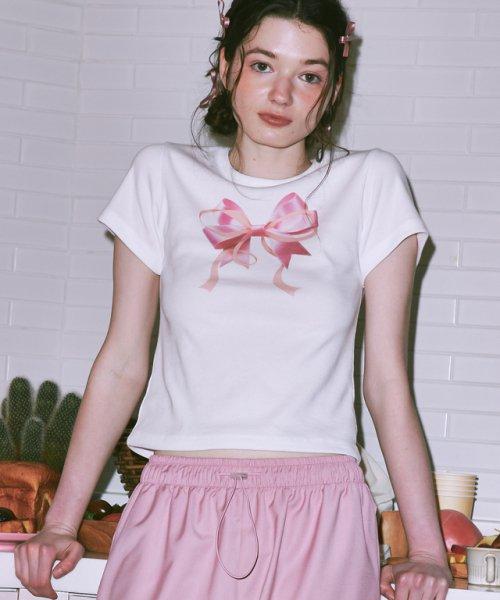 DOUBLE RIBBON SLIM CROP T SHIRT WHITE PINK