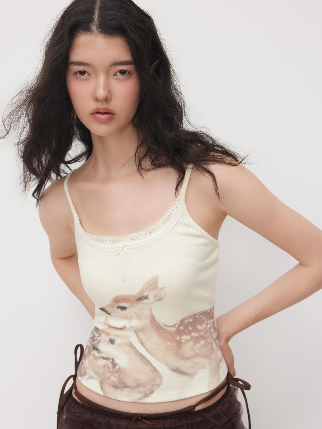 Deer Graphic Bowknot Lace Trim Cami Top