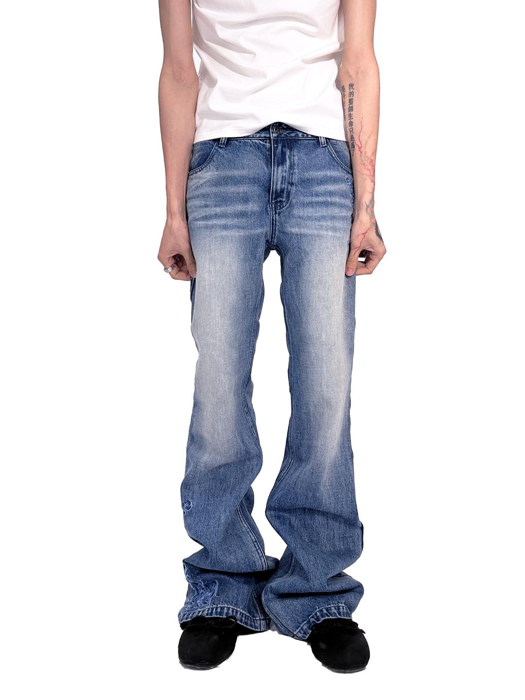 FromTheisland Washed embroidered flare cow vintage pants