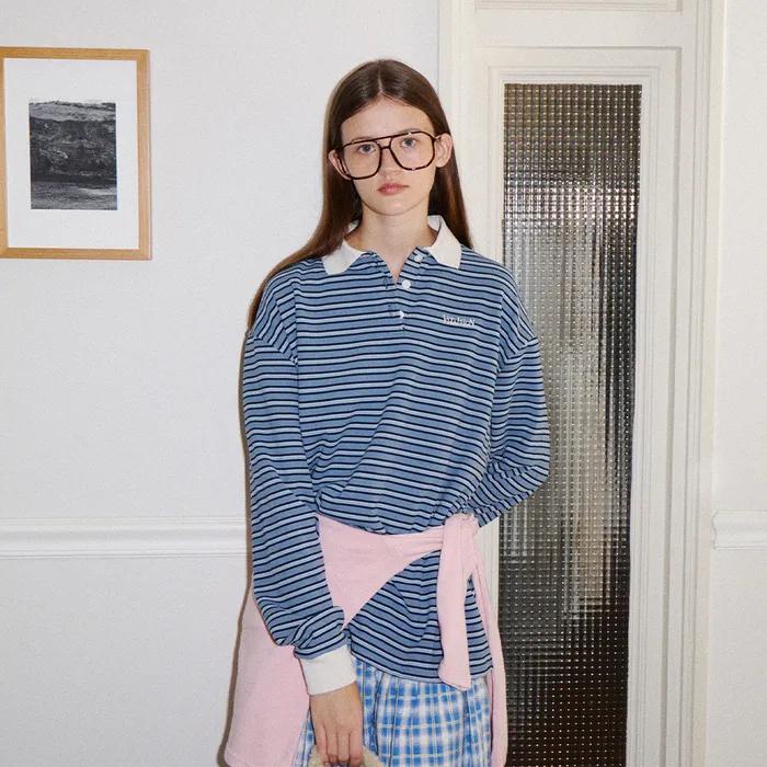 스트라이프 배색 카라 티셔츠 (3C)