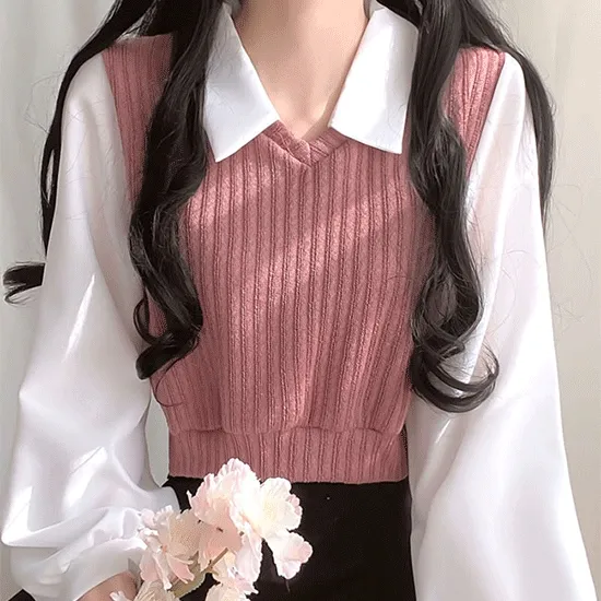 [셔츠+니트 일체형!] 포비 레이어드 카라 벌룬 니트 블라우스