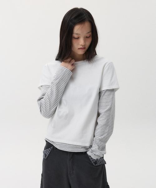 LOGO LAYERED STRIPE LONG T-SHIRT, WHITE