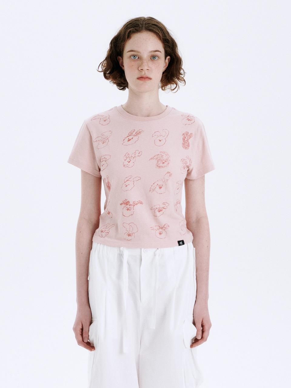 SLIM CROP WOOD DOODLE T-SHIRT_pink