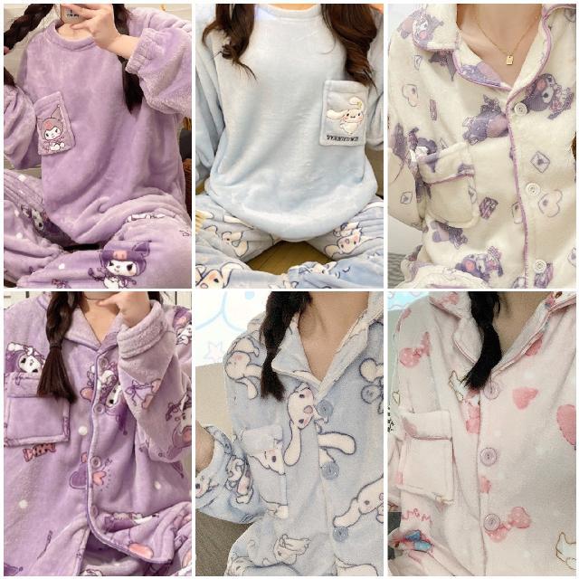 수면잠옷[겨울템] 산리오 쿠로미 마이멜로디 시나모롤 캐릭터 수면잠옷 기모 수면파자마 집순이 겨울 홈웨어 긴팔 세트 친구 우정 커플 부드러운 재질 따뜻한 포근한 담요