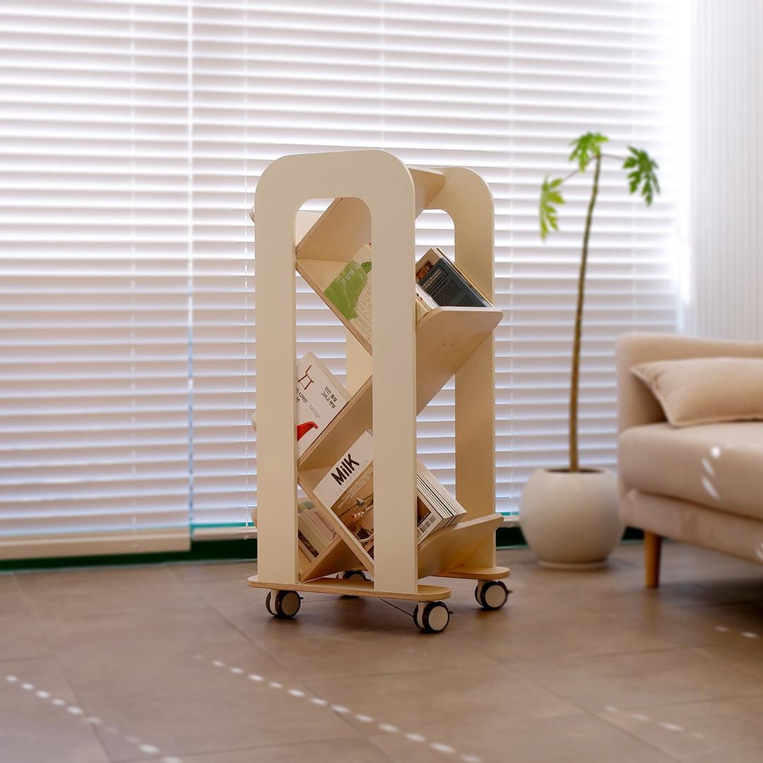 우드플레잉 지그재그 북카트 원목 이동식 바퀴 책장 북트롤리