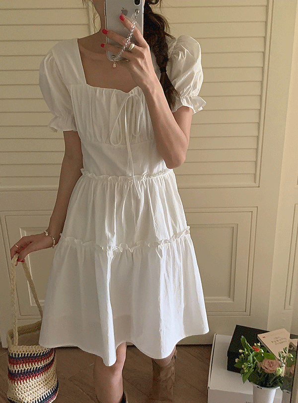 어썸앤드 💚휴양지룩💚(3color)에티 스퀘어넥 리본 퍼프 반팔 미니원피스