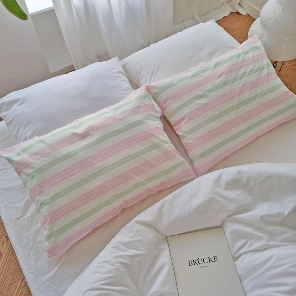 러브론 제인 스트라이프 핑크 베개커버 호텔 침구 순면 자루형 지퍼형 리본 40 50 60 70