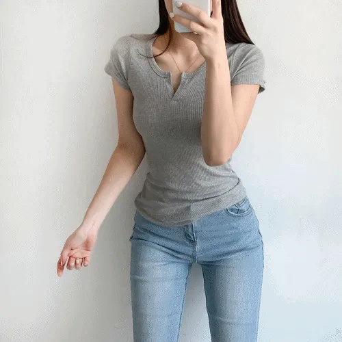 앞트임 골지 스판 슬림 브이넥 반팔 티셔츠 쫄티 4color