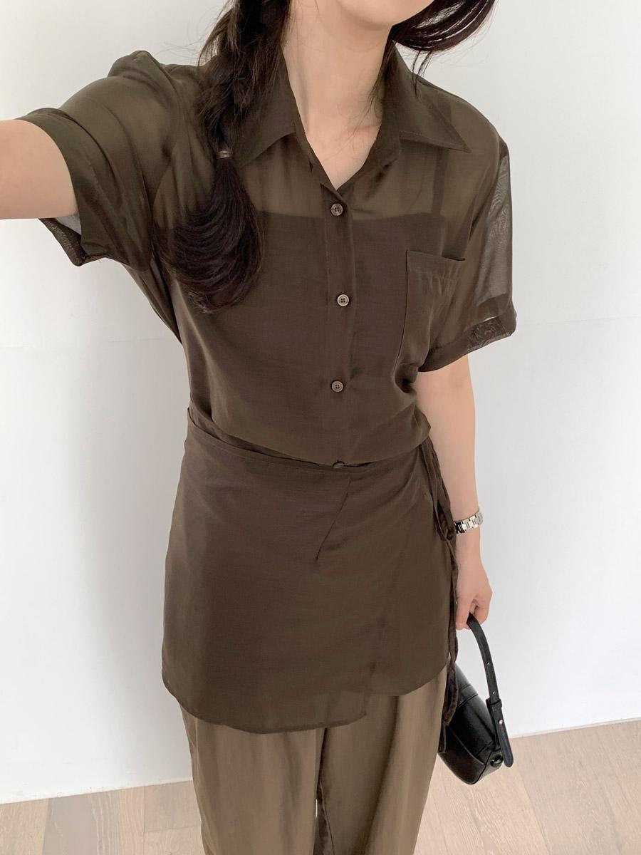 나이브실루엣 하이던 시스루 끈 스트랩 미디 반팔 셔츠 블라우스 4color