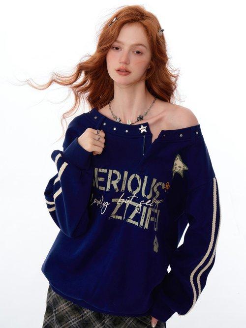 ziziFei 秋冬アメリカンデザインワンショルダールーズ肥厚スポーツスタイルレタープリントオフショルダースウェットシャツ女性用