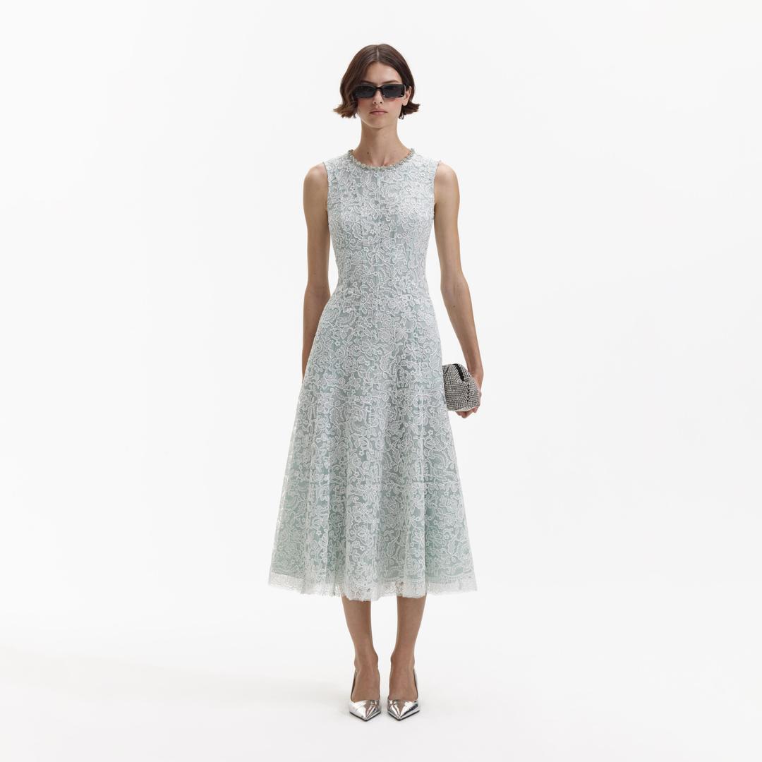 Green Cord Lace Round Neck Midi Dress - UK 4