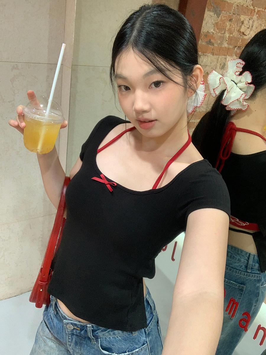 드레보루조 레드 리본 레터링 레이어드 반팔 티