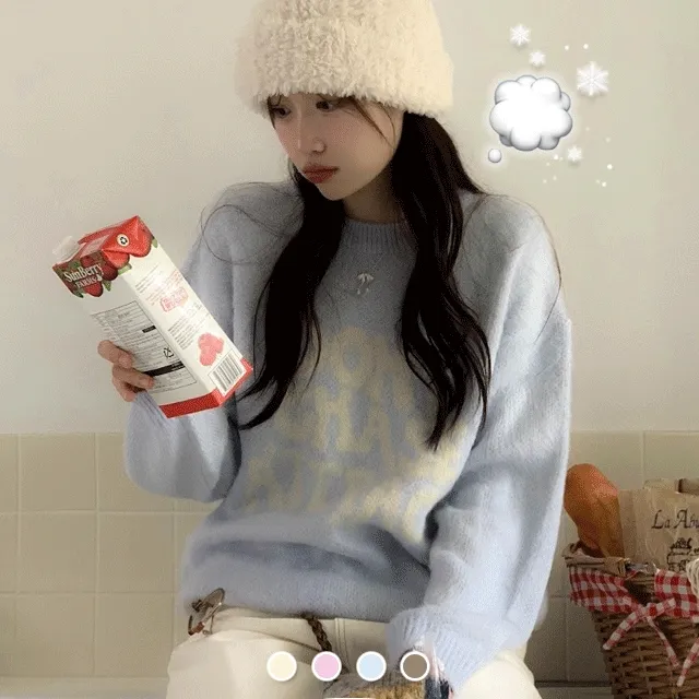 [부드러워요💭]소프트캔디 파스텔 여리 루즈핏 배색 레터링 브러쉬 라운드넥 니트 4color