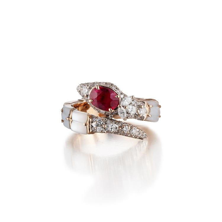 WHITE SNAKE RUBY RING