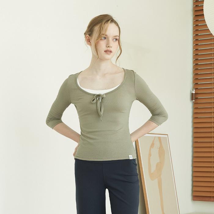 쉘 스트링 U넥 7부 슬리브 그린 올리브