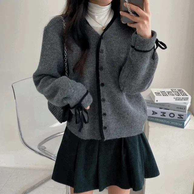 [추가할인/당일발송]도톰 낙낙 러블리 리본 니트 배색 가디건