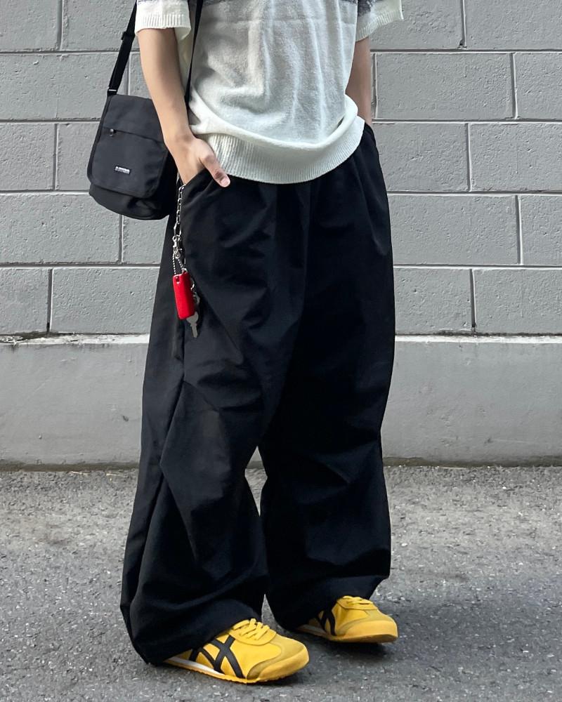 나일론 스냅 핀턱 와이드 팬츠 3컬러