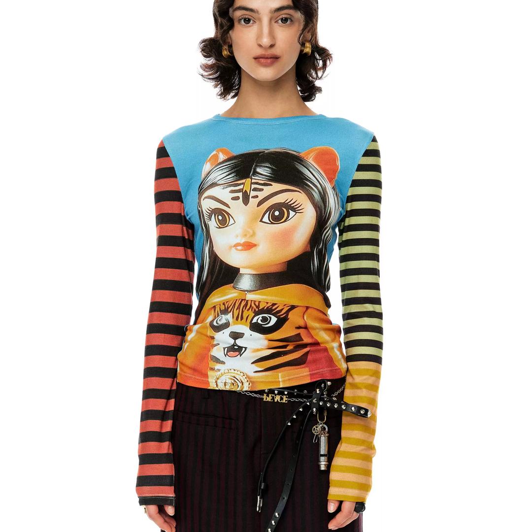 YOSHUYUKI 요슈유키 티셔츠 호랑이 소녀 프린팅 스트라이프 슬림 롱슬리브 티