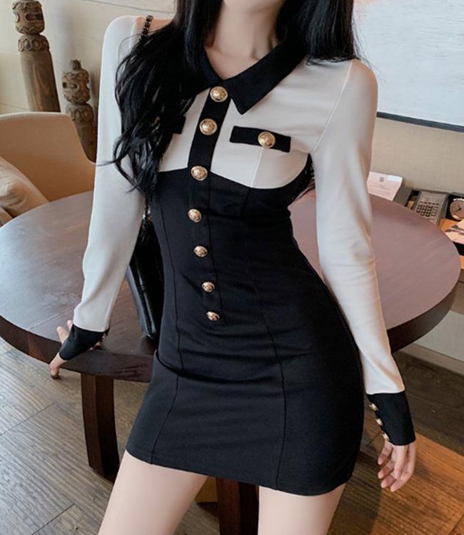 클럽 코스프레 슬림핏 금장 단추 카라 미니 원피스