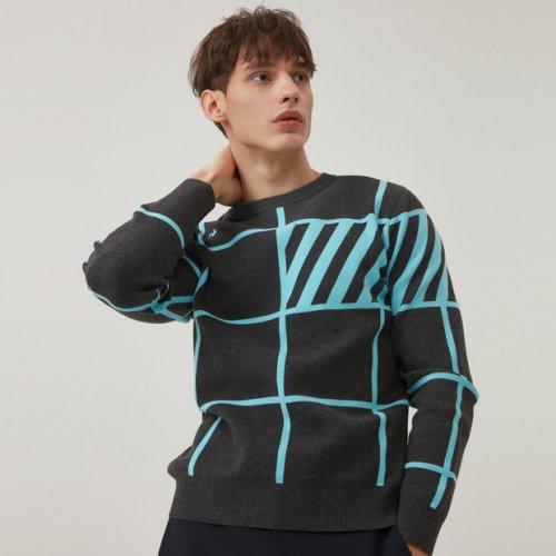 남성 체크 자카드 라운드 스웨터