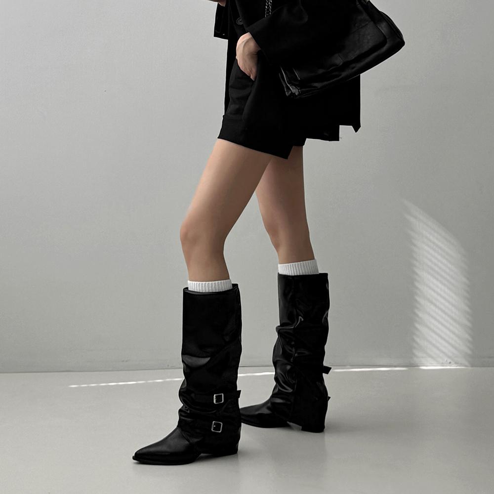 폭신 [모델소장/하비추천/쇠맛🖤] 폭신 스틸레토 셔링 워머 버클 통굽 롱부츠(6cm)-2551