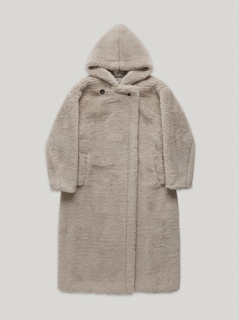 Greige Teddy Shearling Hooded Coat