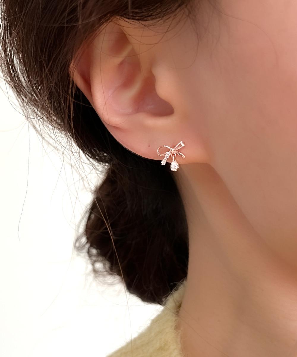 [무배] 실버925 테파 리본 물방울큐빅 드롭 귀걸이 (실버 로즈골드)