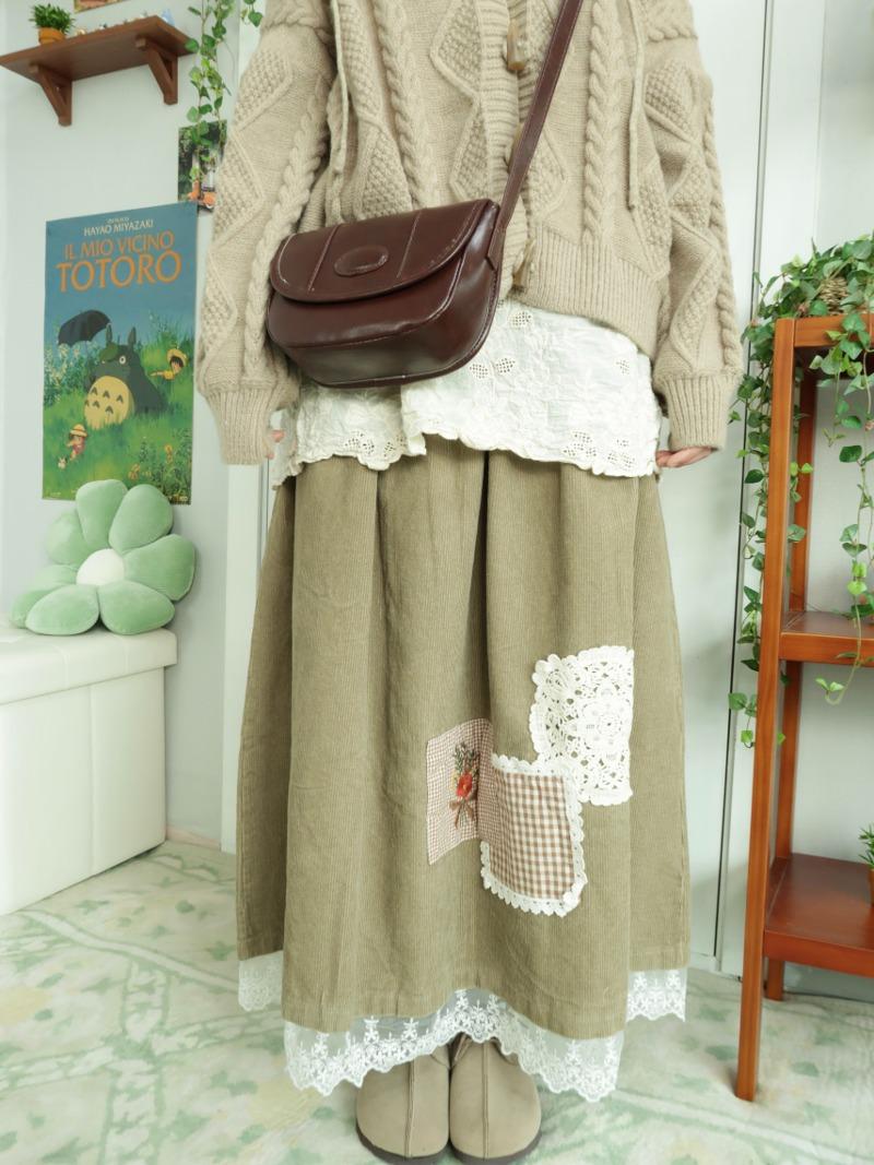 Corduroy lace patch sk ( brown )