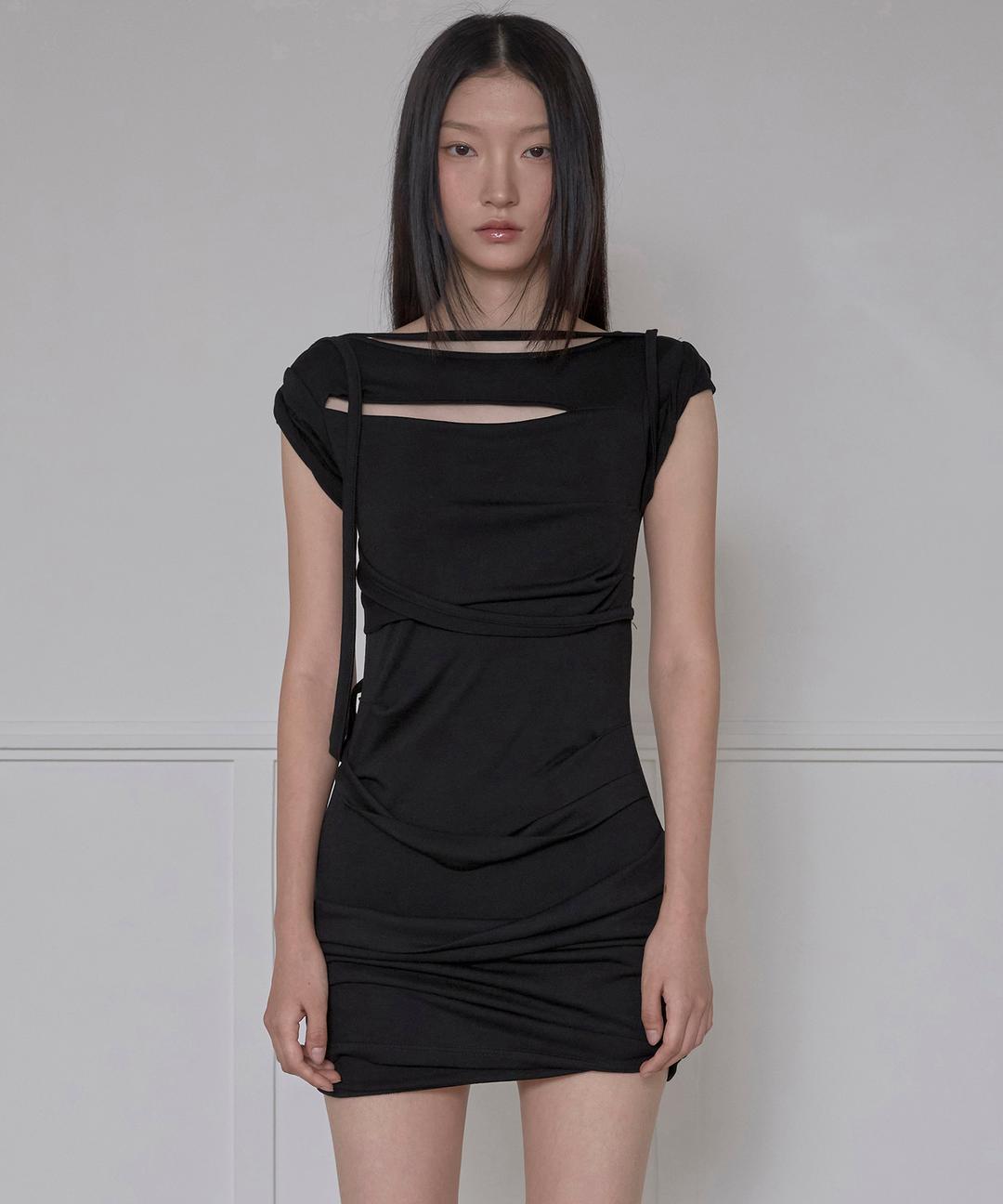 Asymmetrical Draped Strap Roll-Up Dress (FL-171_Black)