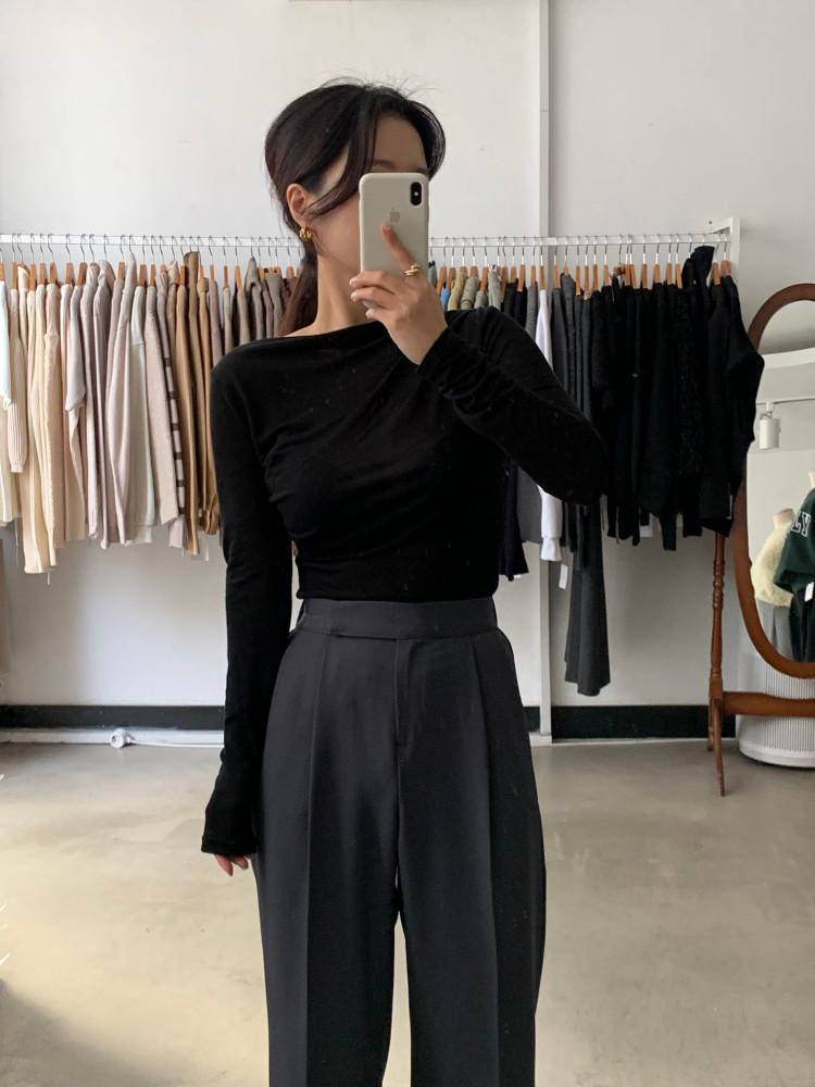 보트넥티 슬림핏 드레이프 셔링 주름 티셔츠 (4col)