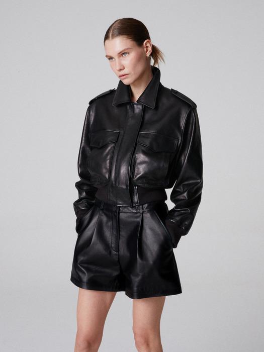 Italian vegetable Lambskin Crop big pocket JK_Black