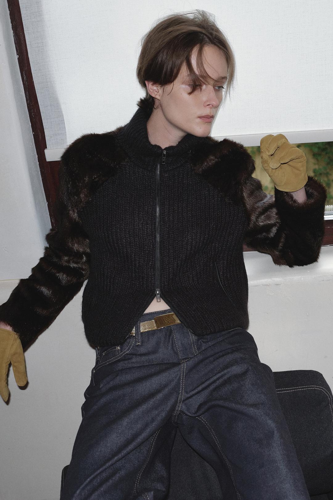 [10/23 PRE-ORDER] FUR COMBI WOOL KNIT JACKET_BLACK BROWN
