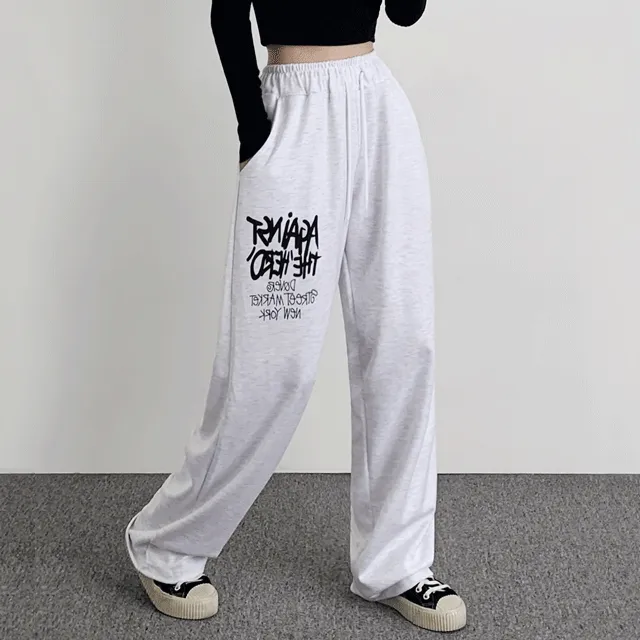 (기모추가/1+1할인) 스우파 레터링 트레이닝 밴딩 와이드 팬츠 통바지 LD0196