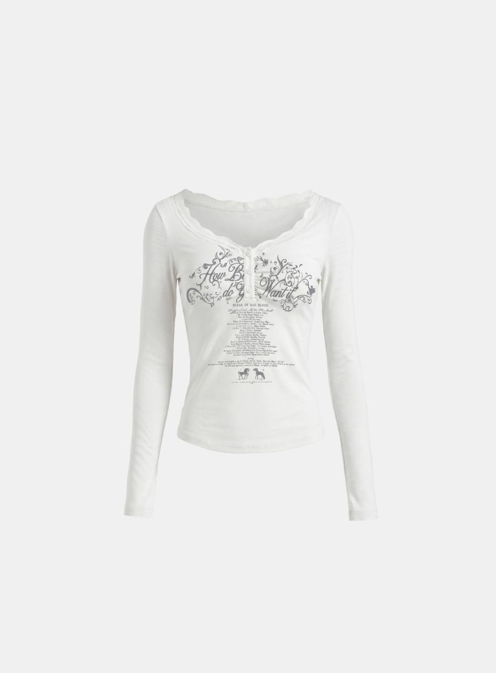 [5/22 발송] [w-tee26-165] DO YOU WANT IT 레이스 헨리넥 롱슬리브 - 화이트