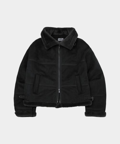 시어링 하이넥 아이렛 버클 포인트 레더라인 스웨이드 무스탕 [블랙]